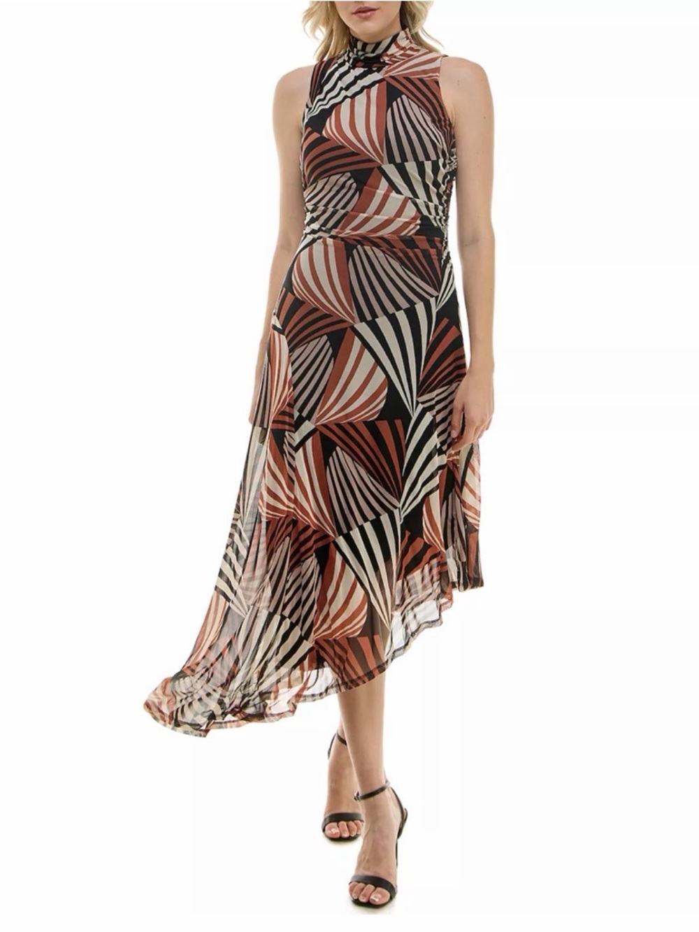 Taylor High-Neck Asymmetric Hem Dress in Black, Rust and Cream